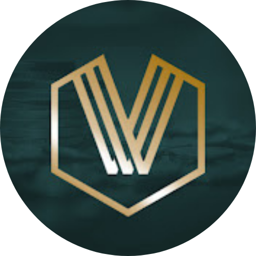 circle logo with V for Vault metal in gold centered with green background